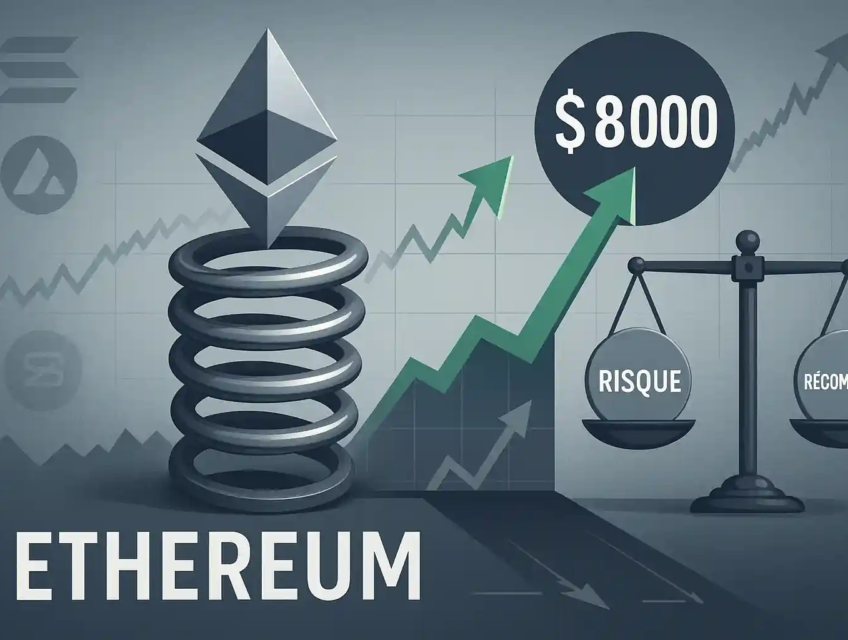 Illustration d’Ethereum sur un ressort comprimé avec cible à 8 000 $, balance “risque vs récompense” penchée vers la récompense.