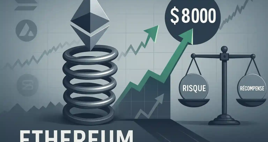 Illustration d’Ethereum sur un ressort comprimé avec cible à 8 000 $, balance “risque vs récompense” penchée vers la récompense.
