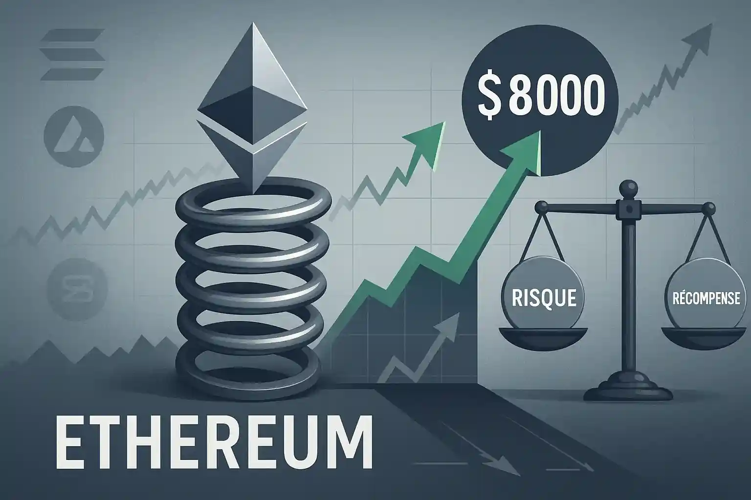 Illustration d’Ethereum sur un ressort comprimé avec cible à 8 000 $, balance “risque vs récompense” penchée vers la récompense.