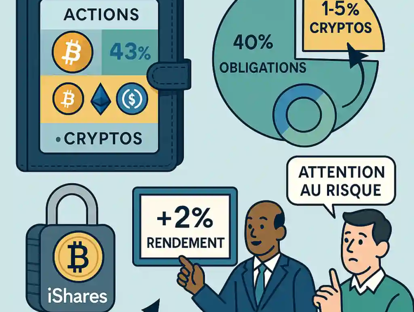 Illustration d’un portefeuille diversifié intégrant jusqu’à 5 % de cryptomonnaies via ETF comme iShares Bitcoin Trust.