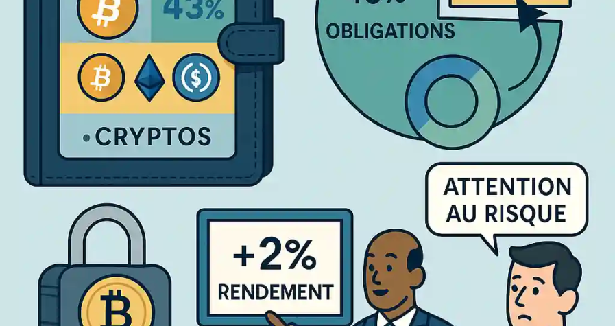 Illustration d’un portefeuille diversifié intégrant jusqu’à 5 % de cryptomonnaies via ETF comme iShares Bitcoin Trust.