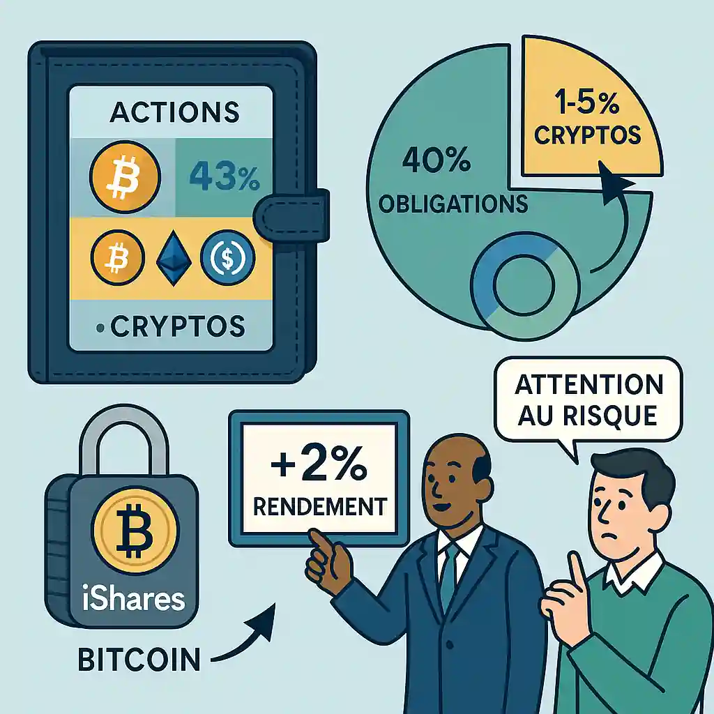 Illustration d’un portefeuille diversifié intégrant jusqu’à 5 % de cryptomonnaies via ETF comme iShares Bitcoin Trust.
