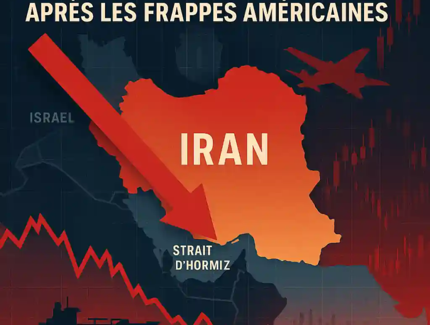 Carte de l’Iran avec flèche rouge descendante, tanker et avions militaires, illustrant la baisse du pétrole après les frappes américaines.