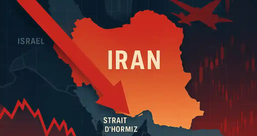 Carte de l’Iran avec flèche rouge descendante, tanker et avions militaires, illustrant la baisse du pétrole après les frappes américaines.