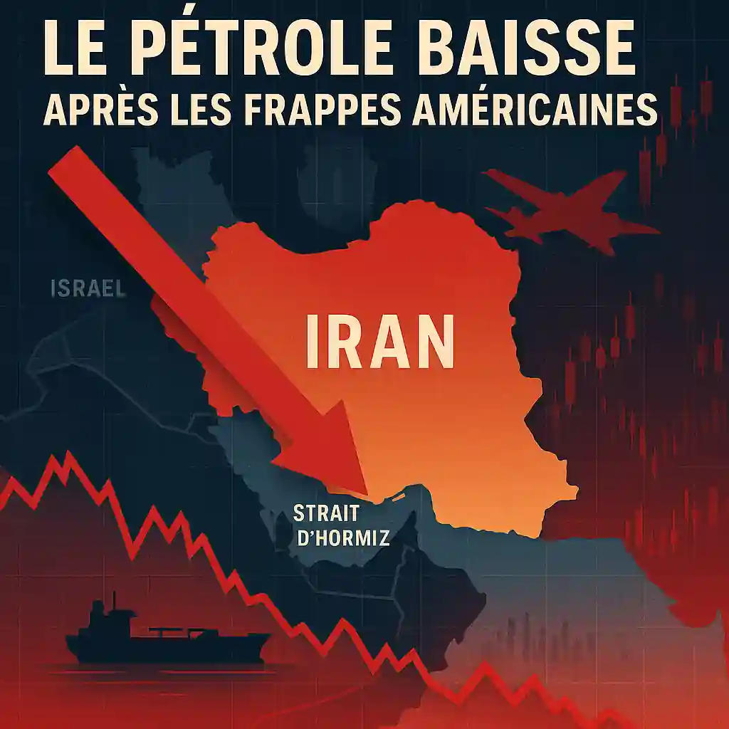 Carte de l’Iran avec flèche rouge descendante, tanker et avions militaires, illustrant la baisse du pétrole après les frappes américaines.