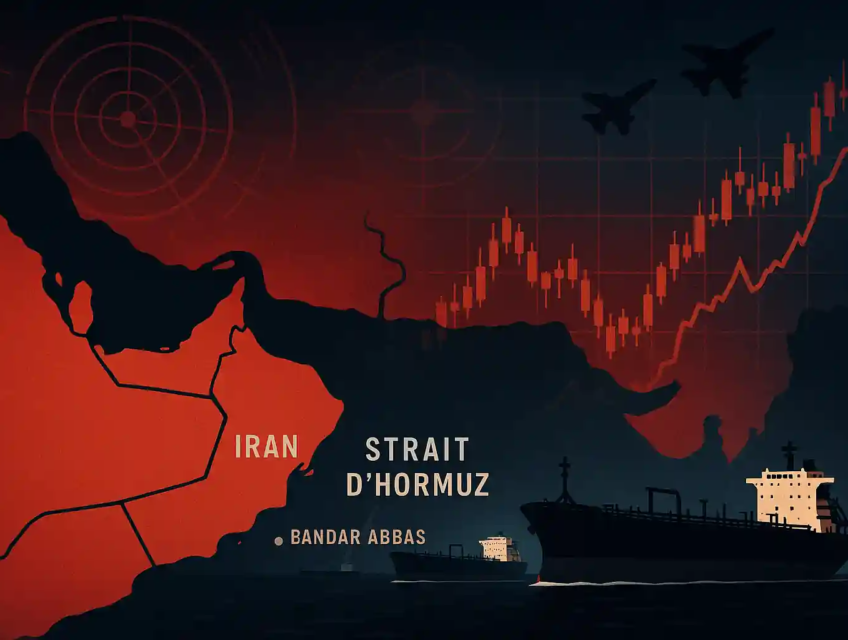 Map of the Middle East showing oil tankers in the Strait of Hormuz, with military and financial symbols reflecting oil market tensions.