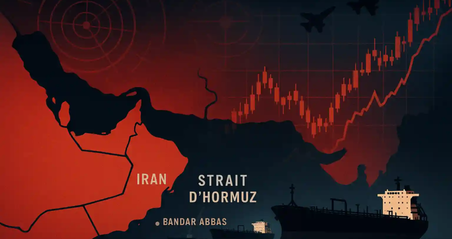 Map of the Middle East showing oil tankers in the Strait of Hormuz, with military and financial symbols reflecting oil market tensions.