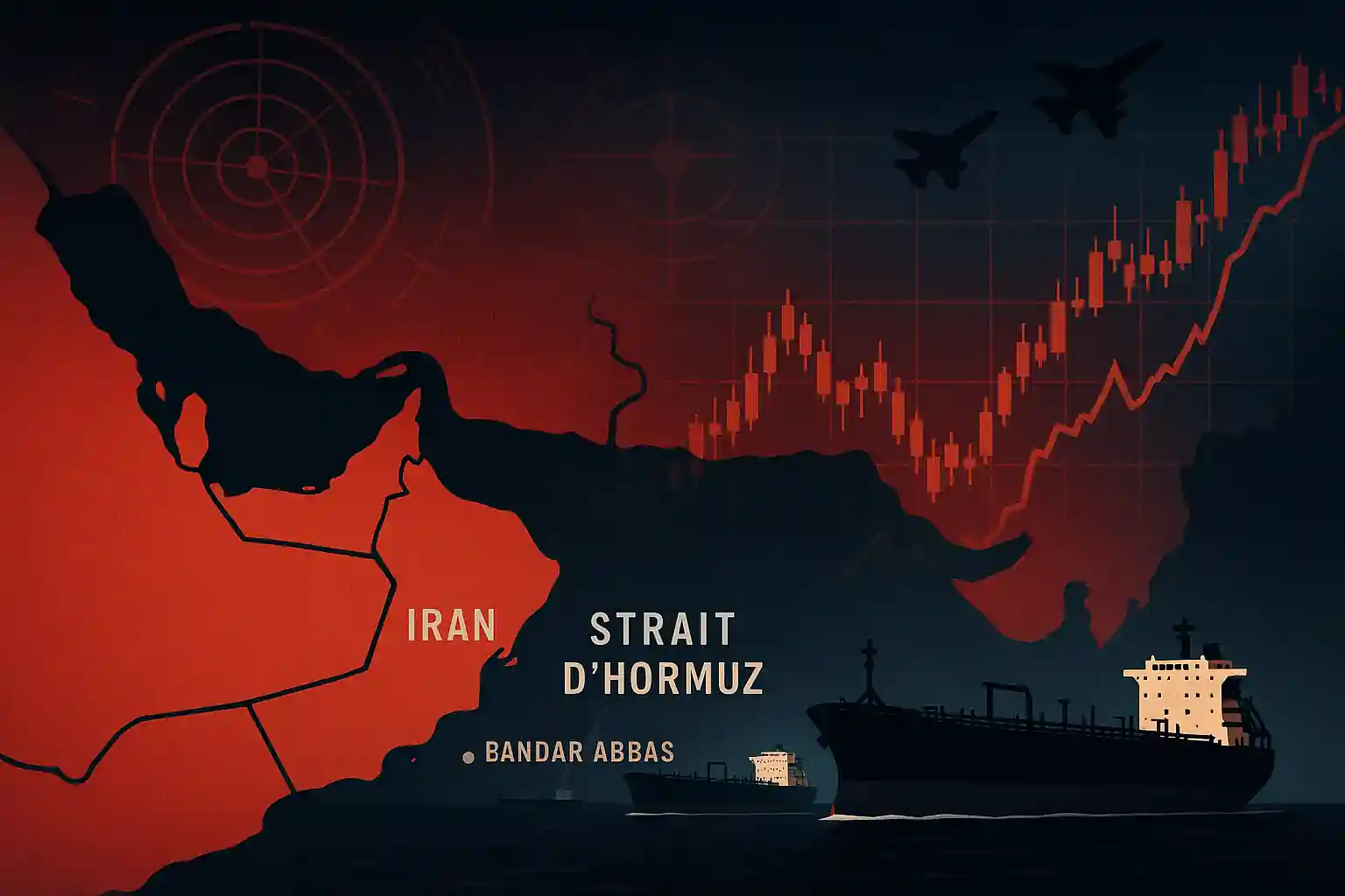 Map of the Middle East showing oil tankers in the Strait of Hormuz, with military and financial symbols reflecting oil market tensions.