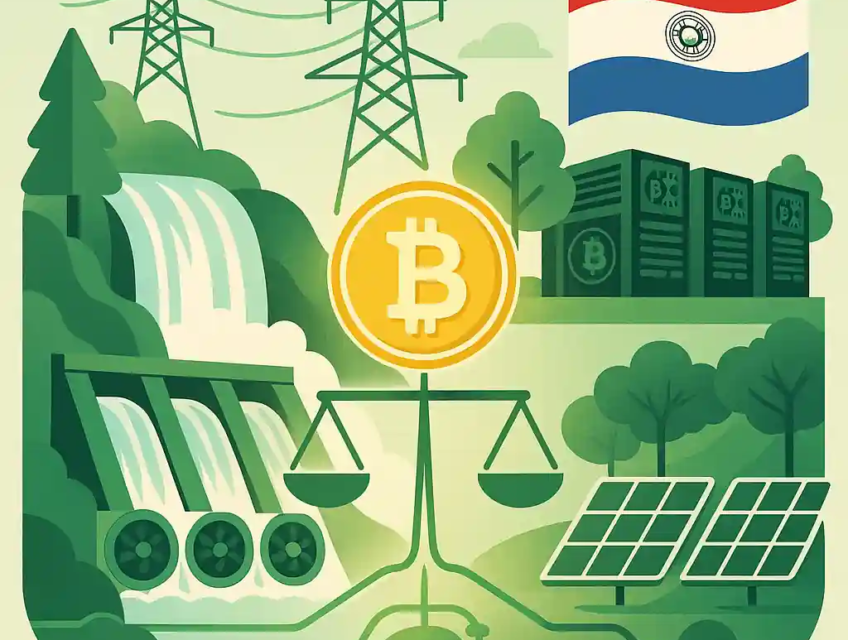 Illustration du minage écologique de bitcoin par HIVE avec centrale hydroélectrique, panneaux solaires, et drapeau paraguayen.