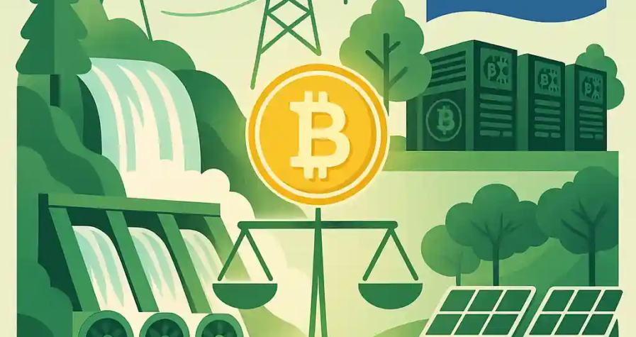 Illustration du minage écologique de bitcoin par HIVE avec centrale hydroélectrique, panneaux solaires, et drapeau paraguayen.