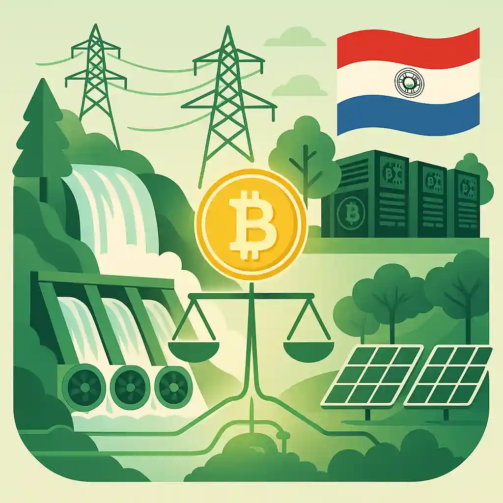 Illustration du minage écologique de bitcoin par HIVE avec centrale hydroélectrique, panneaux solaires, et drapeau paraguayen.