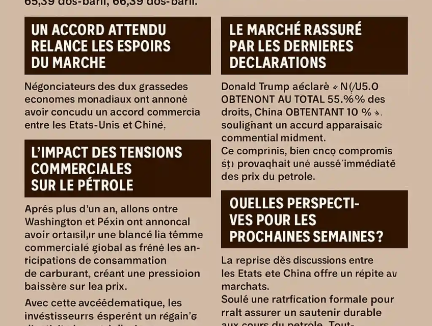 Infographie en français illustrant la hausse du pétrole à 68 $ avec les détails du nouvel accord commercial sino-américain