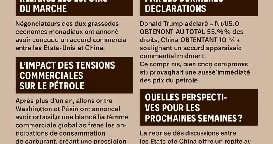 Infographie en français illustrant la hausse du pétrole à 68 $ avec les détails du nouvel accord commercial sino-américain