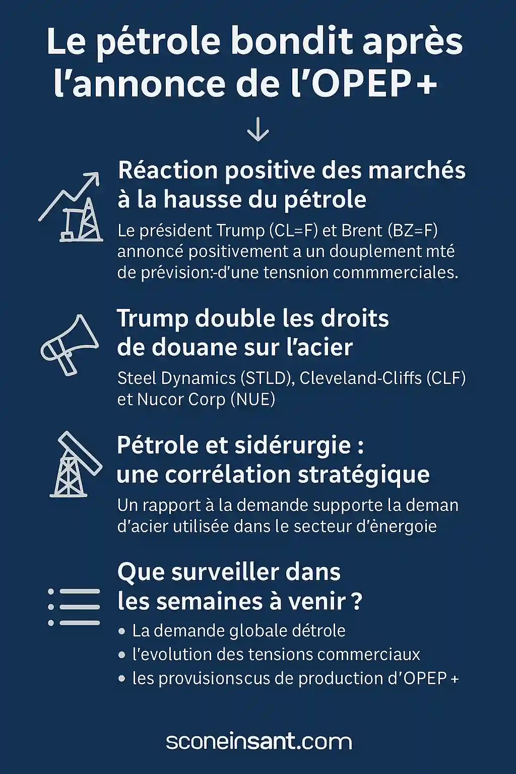 Infographie sur l’impact de l’OPEP+ et des droits de douane sur les marchés du pétrole et de l’acier