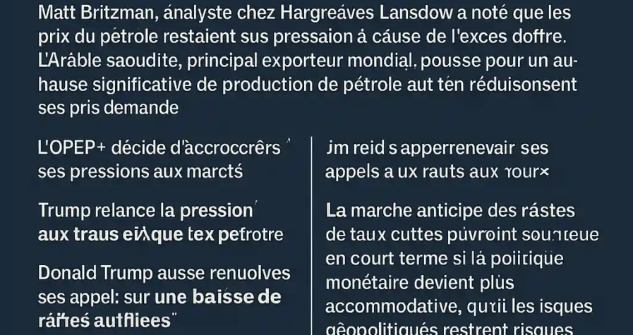 Infographie illustrant l’évolution du pétrole, la hausse du Brent, la production de l’OPEP+, les pressions de Trump et les politiques de taux