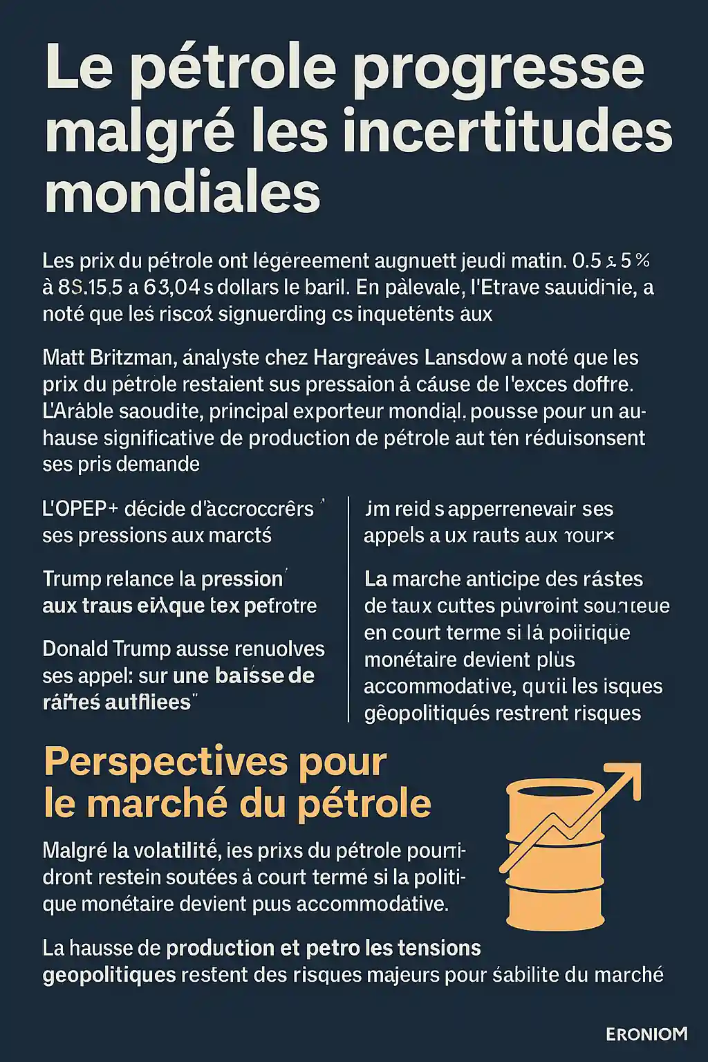 Infographie illustrant l’évolution du pétrole, la hausse du Brent, la production de l’OPEP+, les pressions de Trump et les politiques de taux