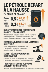 Infographie en français illustrant la hausse du Brent à 65,15 $ et les enjeux géopolitiques pesant sur le marché du pétrole