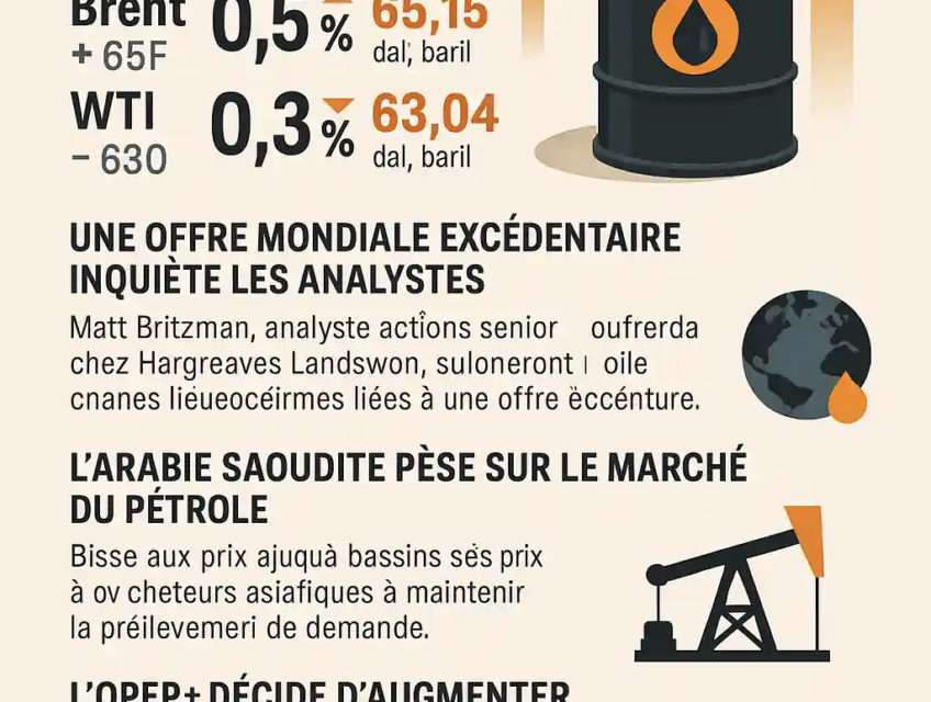 Infographie en français illustrant la hausse du Brent à 65,15 $ et les enjeux géopolitiques pesant sur le marché du pétrole