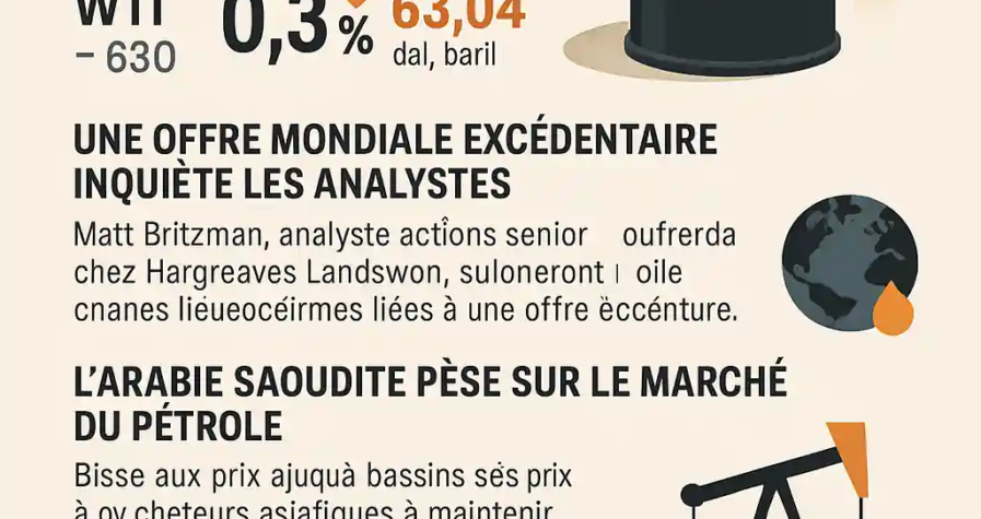 Infographie en français illustrant la hausse du Brent à 65,15 $ et les enjeux géopolitiques pesant sur le marché du pétrole