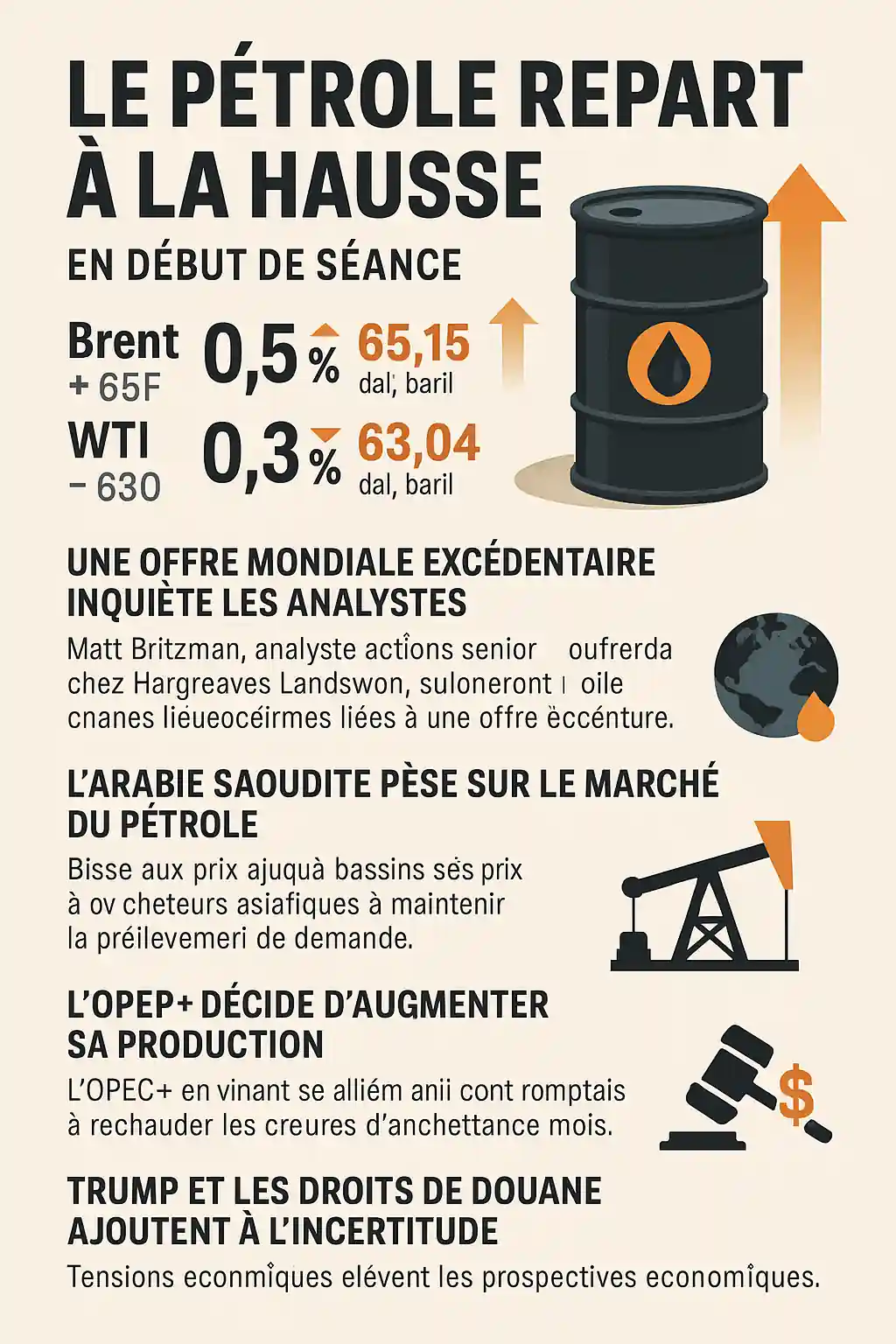 Infographie en français illustrant la hausse du Brent à 65,15 $ et les enjeux géopolitiques pesant sur le marché du pétrole