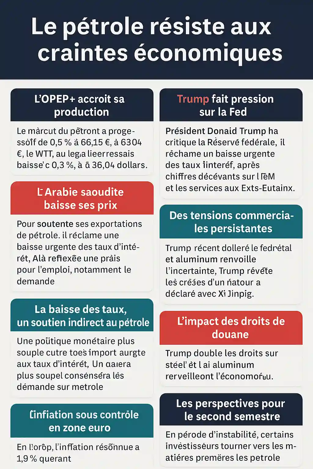 Infographie sur la résilience des prix du pétrole malgré l’augmentation de la production, les pressions politiques et les incertitudes géopolitiques