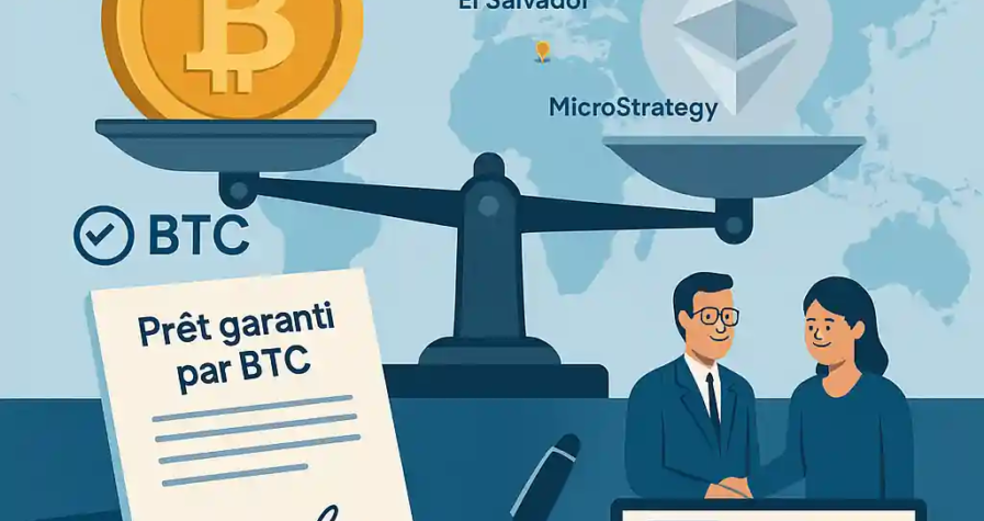Illustration d’un prêt garanti par Bitcoin proposé par Ledn, avec une balance penchée vers BTC, carte du monde et contrats financiers.