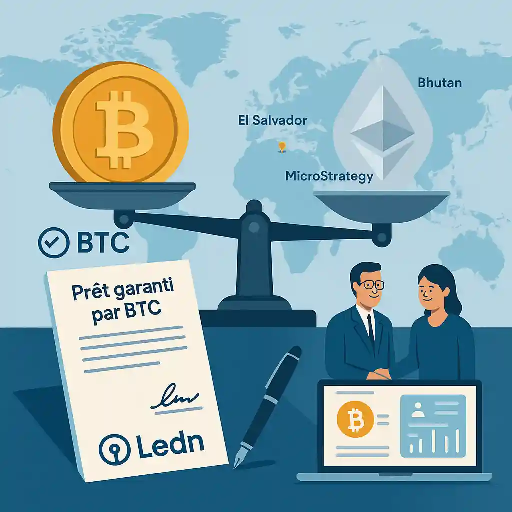 Illustration d’un prêt garanti par Bitcoin proposé par Ledn, avec une balance penchée vers BTC, carte du monde et contrats financiers.