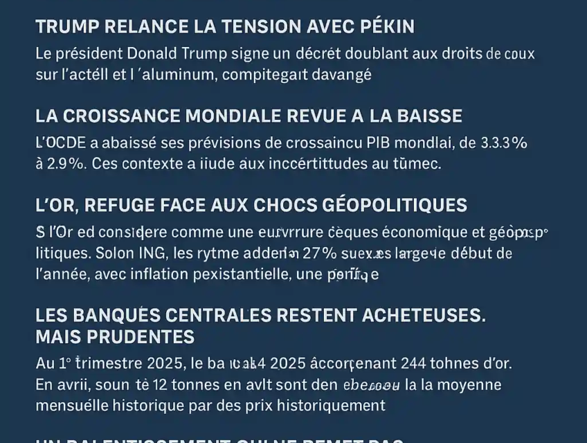 Infographie sur la hausse des prix de l’or liée à la guerre commerciale, la croissance mondiale en baisse et l’inflation