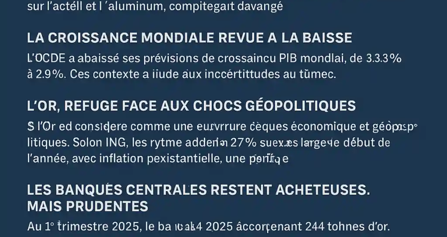 Infographie sur la hausse des prix de l’or liée à la guerre commerciale, la croissance mondiale en baisse et l’inflation