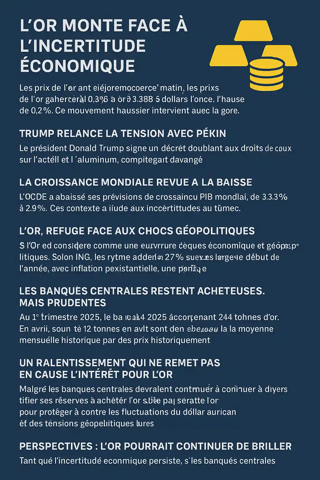 Infographie sur la hausse des prix de l’or liée à la guerre commerciale, la croissance mondiale en baisse et l’inflation