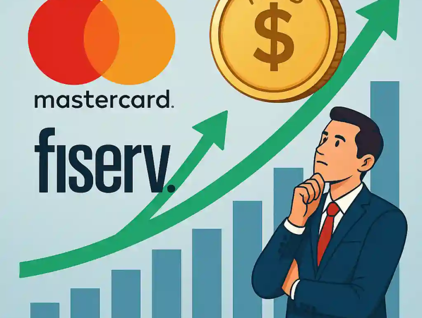 Illustration montrant un partenariat entre Mastercard et Fiserv autour du stablecoin FIUSD, avec graphique haussier.