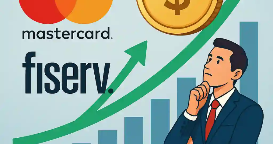 Illustration montrant un partenariat entre Mastercard et Fiserv autour du stablecoin FIUSD, avec graphique haussier.