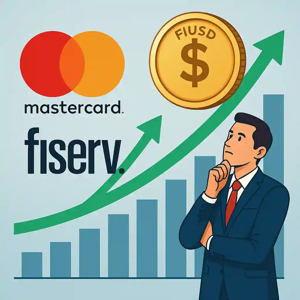 Illustration montrant un partenariat entre Mastercard et Fiserv autour du stablecoin FIUSD, avec graphique haussier.