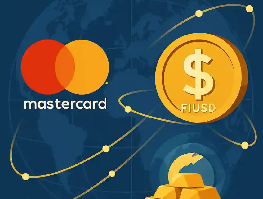 Mastercard logo, FIUSD coin, and gold bars symbolizing global financial transactions.