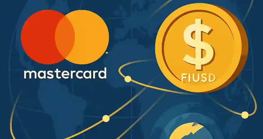 Mastercard logo, FIUSD coin, and gold bars symbolizing global financial transactions.