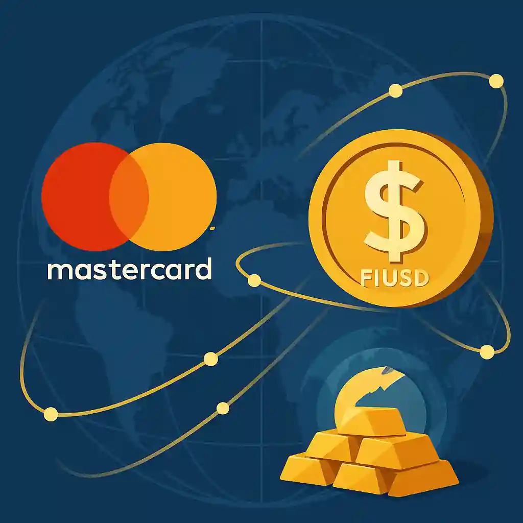 Mastercard logo, FIUSD coin, and gold bars symbolizing global financial transactions.