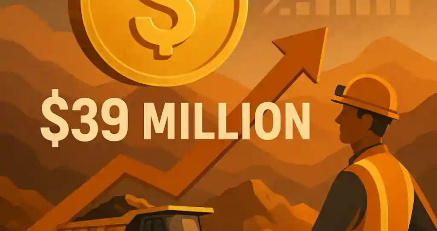 Illustration d’un mineur, d’un camion de chantier et d’un graphique montrant une levée de fonds de 39 millions de dollars.