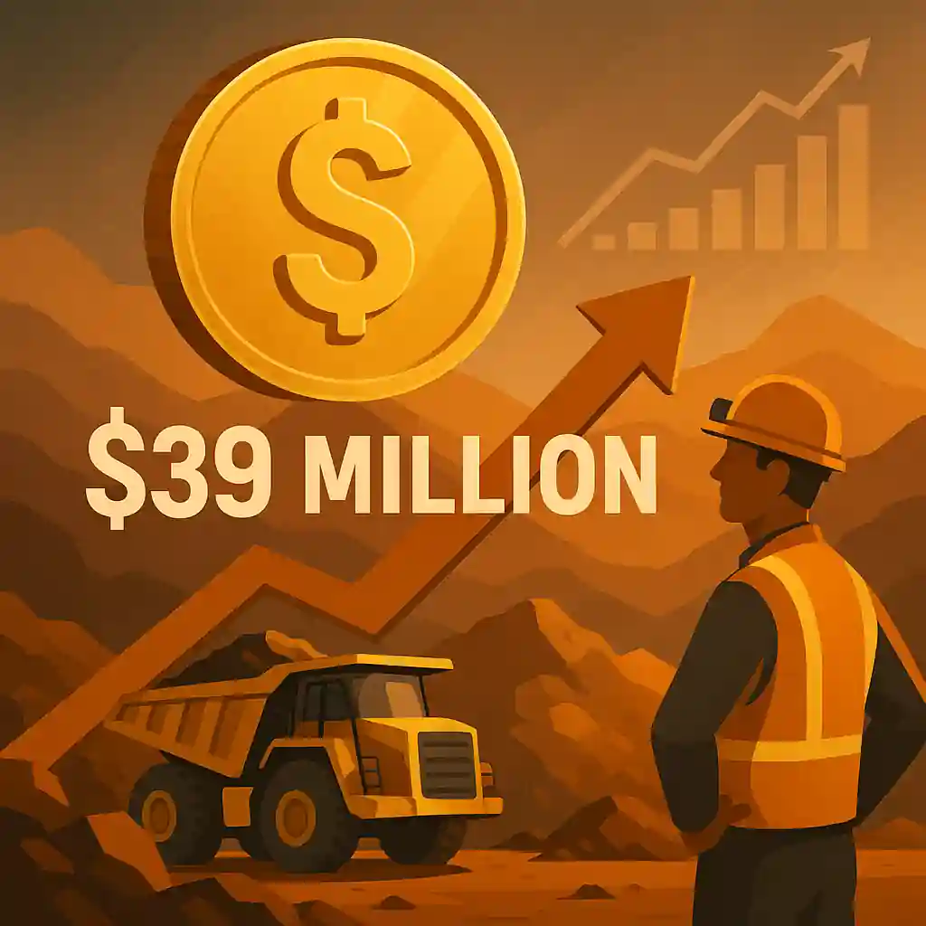 Illustration d’un mineur, d’un camion de chantier et d’un graphique montrant une levée de fonds de 39 millions de dollars.