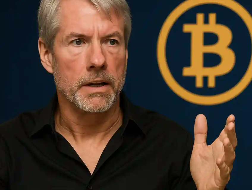 Photographie numérique de Michael Saylor, exprimant sa vision du Bitcoin lors d’un événement crypto.