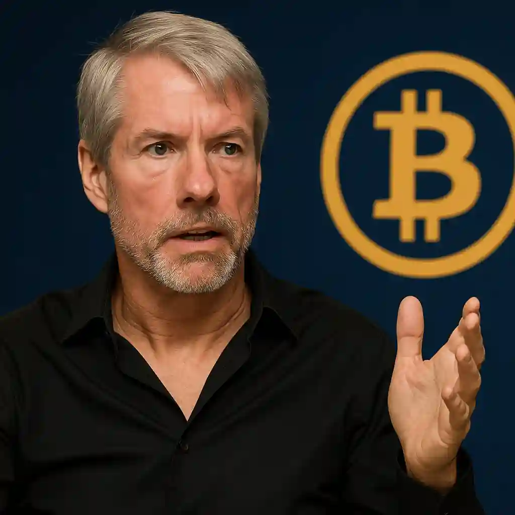 Photographie numérique de Michael Saylor, exprimant sa vision du Bitcoin lors d’un événement crypto.