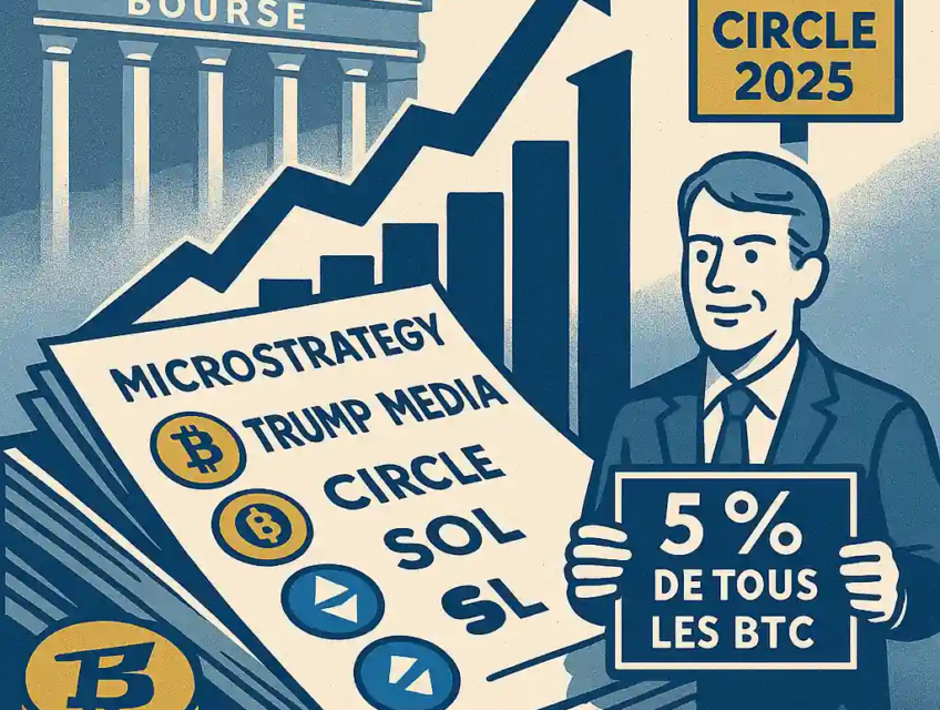 Illustration de bilans d’entreprises avec logos Bitcoin, Ethereum et Solana, devant la Bourse et un panneau “IPO Circle 2025”.