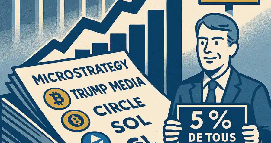 Illustration de bilans d’entreprises avec logos Bitcoin, Ethereum et Solana, devant la Bourse et un panneau “IPO Circle 2025”.