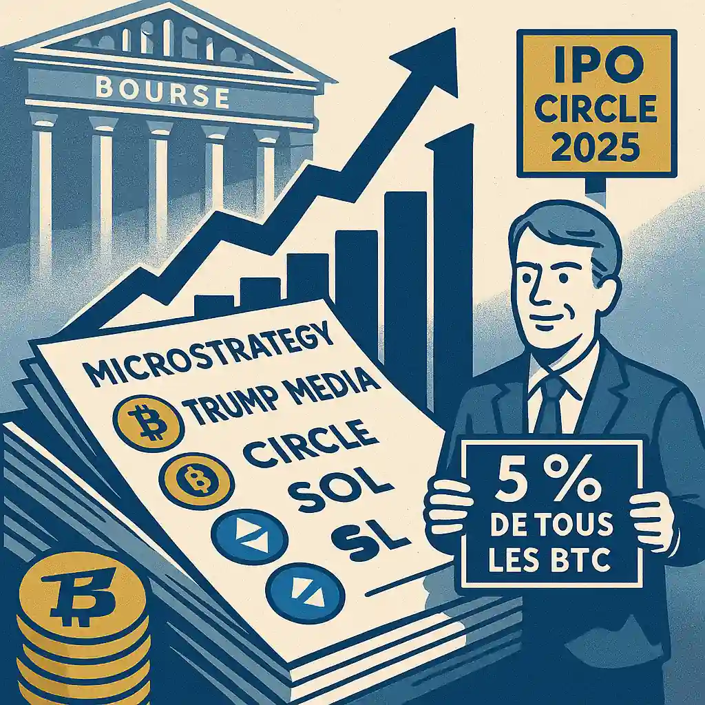 Illustration de bilans d’entreprises avec logos Bitcoin, Ethereum et Solana, devant la Bourse et un panneau “IPO Circle 2025”.