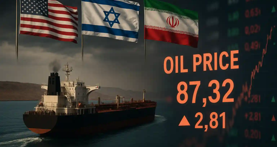 Oil tanker with U.S., Israel, and Iran flags above, oil price chart showing a sharp increase.