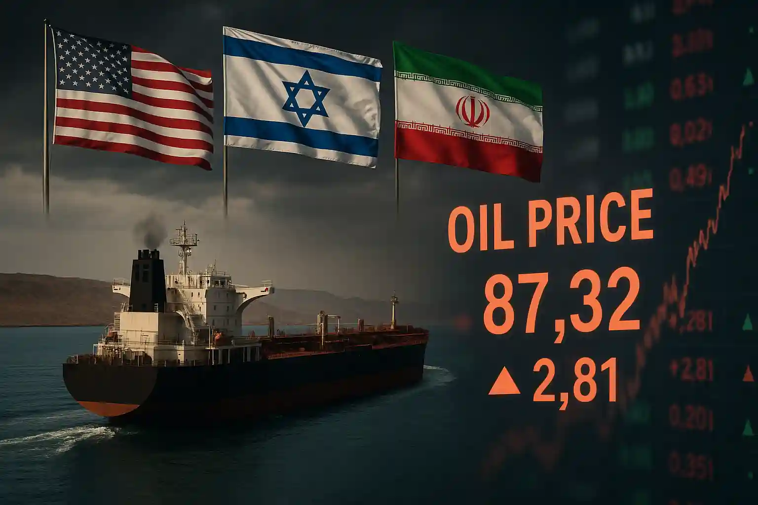 Oil tanker with U.S., Israel, and Iran flags above, oil price chart showing a sharp increase.