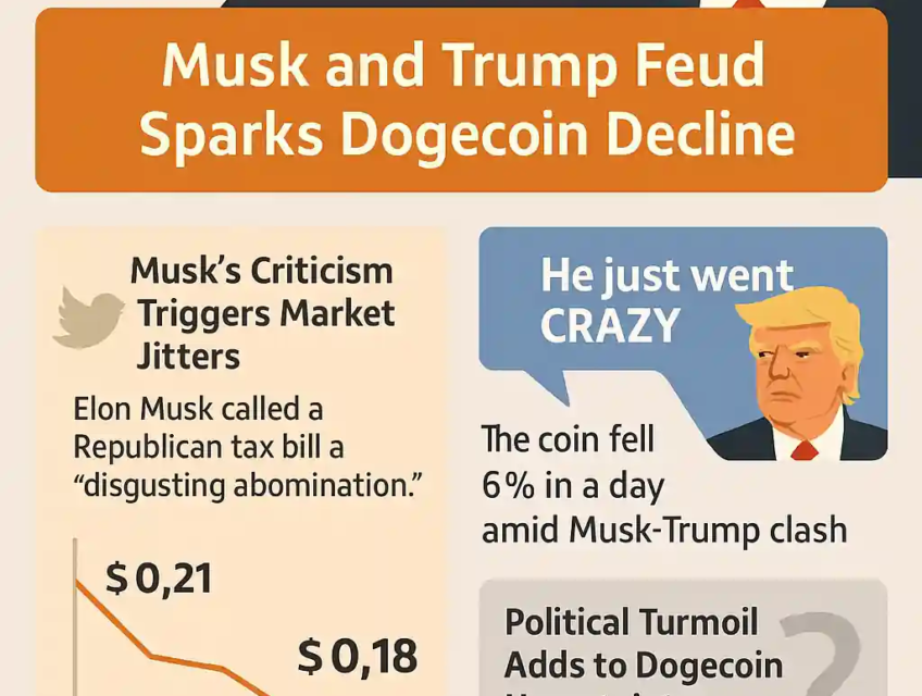Infographic showing Elon Musk and Donald Trump with Dogecoin price falling from $0.21 to $0.18 after political dispute.