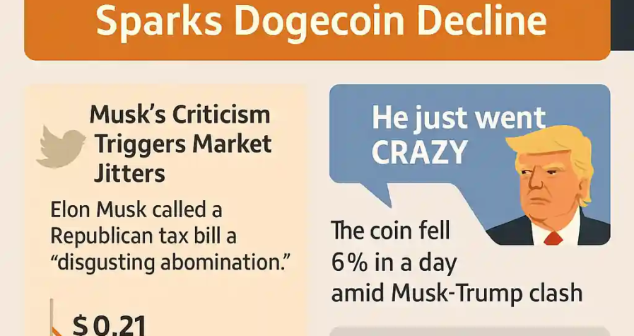 Infographic showing Elon Musk and Donald Trump with Dogecoin price falling from $0.21 to $0.18 after political dispute.