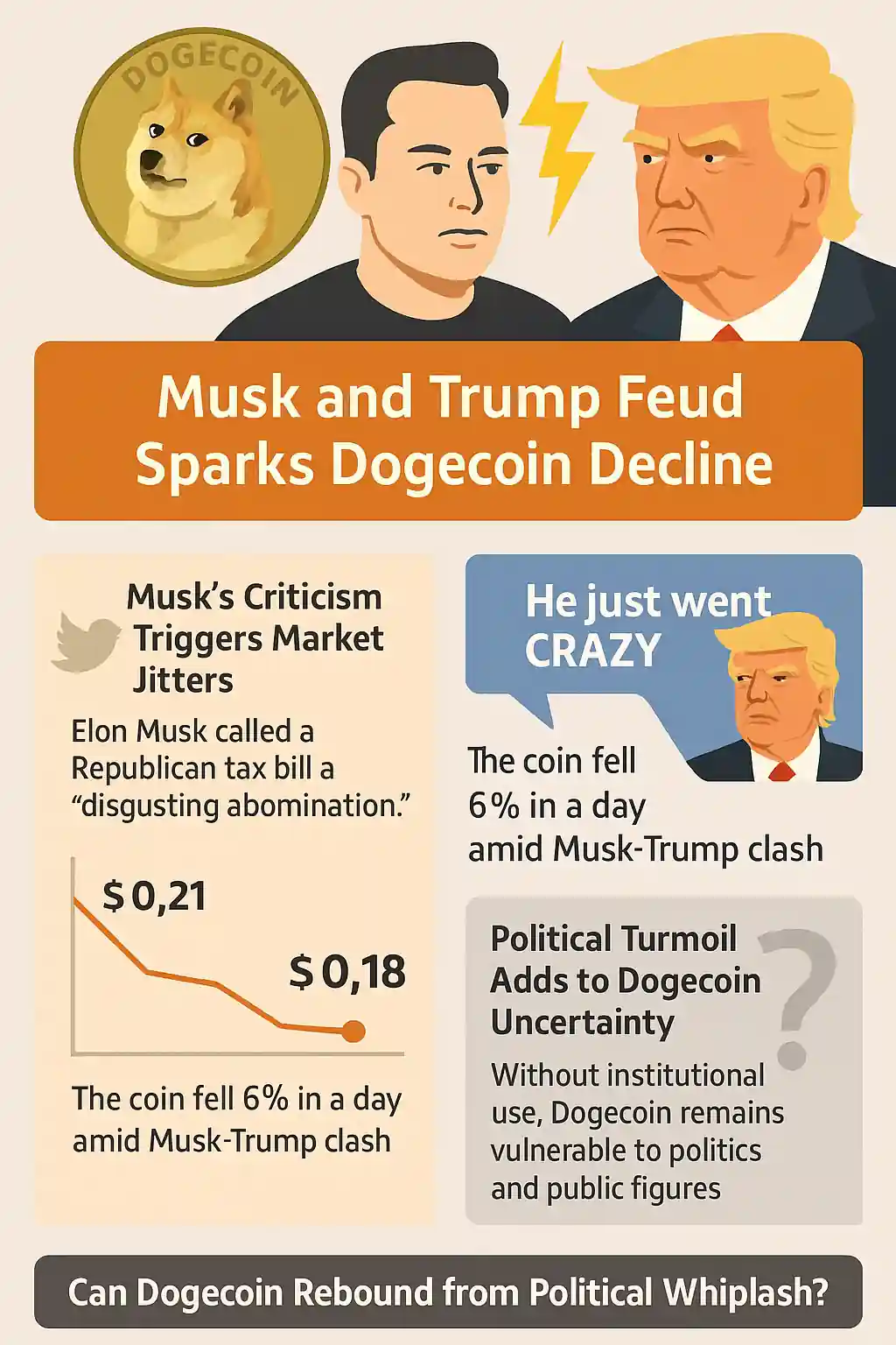 Infographic showing Elon Musk and Donald Trump with Dogecoin price falling from $0.21 to $0.18 after political dispute.