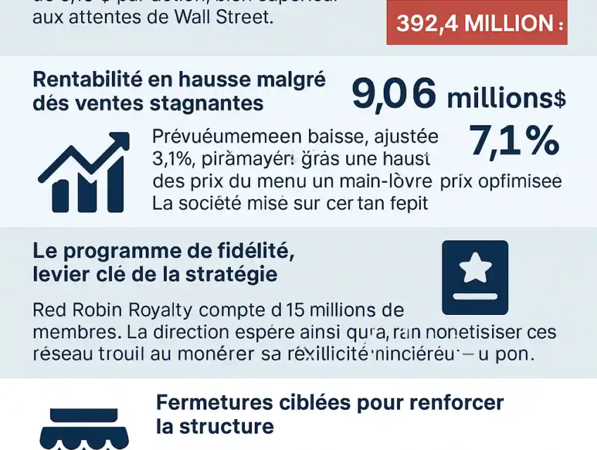 Infographie des résultats trimestriels de Red Robin sur le Nasdaq, bénéfices supérieurs aux prévisions, ventes stables
