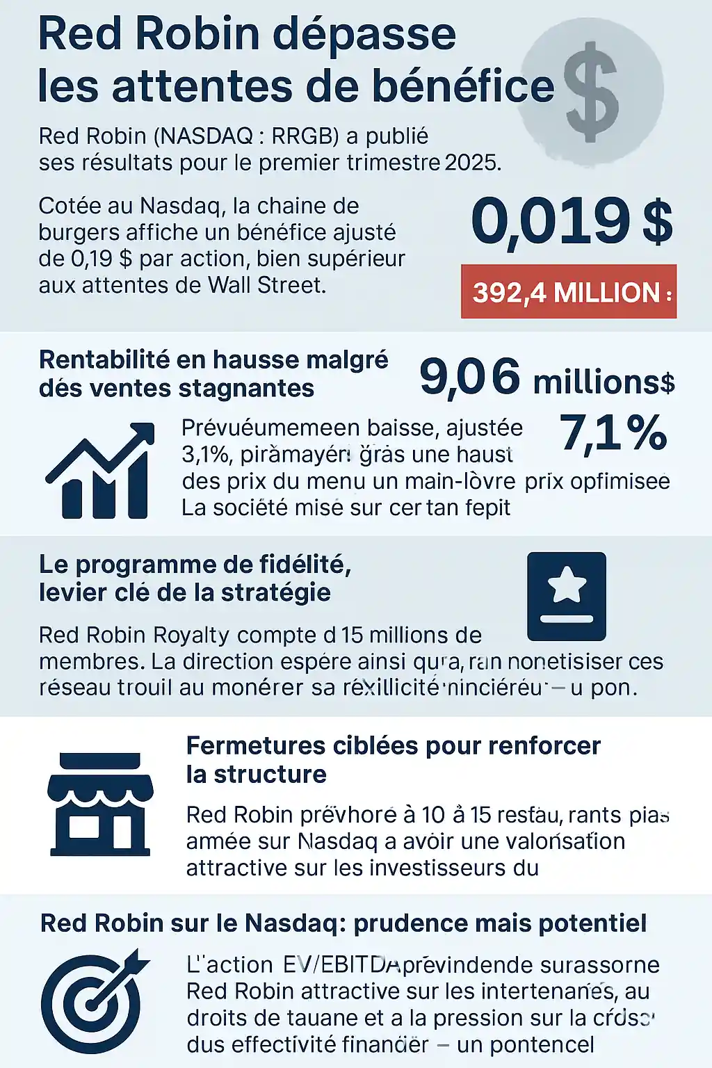 Infographie des résultats trimestriels de Red Robin sur le Nasdaq, bénéfices supérieurs aux prévisions, ventes stables
